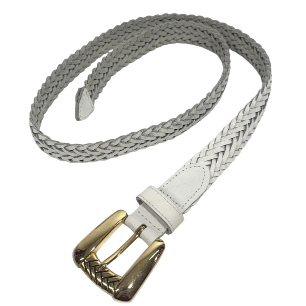 CHIC Signed White Braided Leather Belt Gold Tone‎ Buckle Adjustable Up To 39"